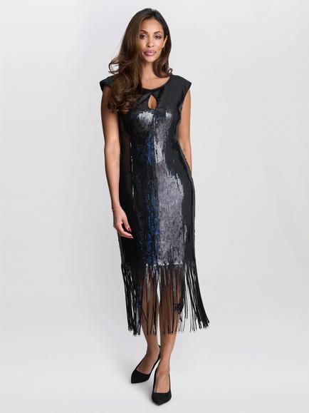 Gina Bacconi Breanna Sequin Fringe Cocktail Dress, Black - view 2, Black
