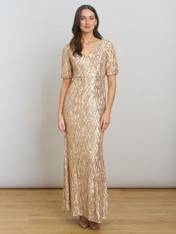 Gina Bacconi Pat Sequin Short Sleeve V Neck Maxi Dress, Gold