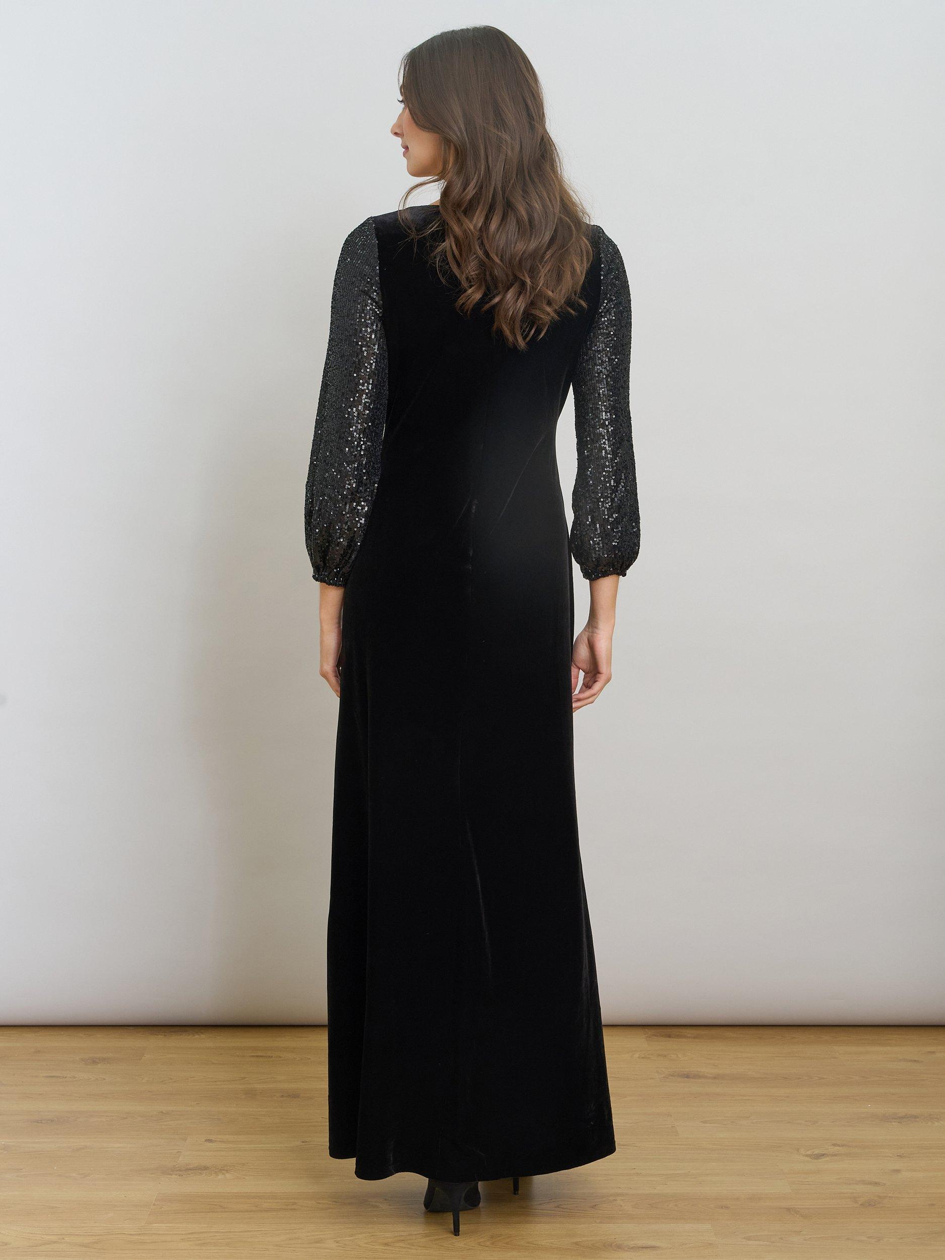 pauline sequin long sleeve dress in black Gina Bacconi Pauline Sequin Balloon Sleeve Round Neck Maxi Dress
