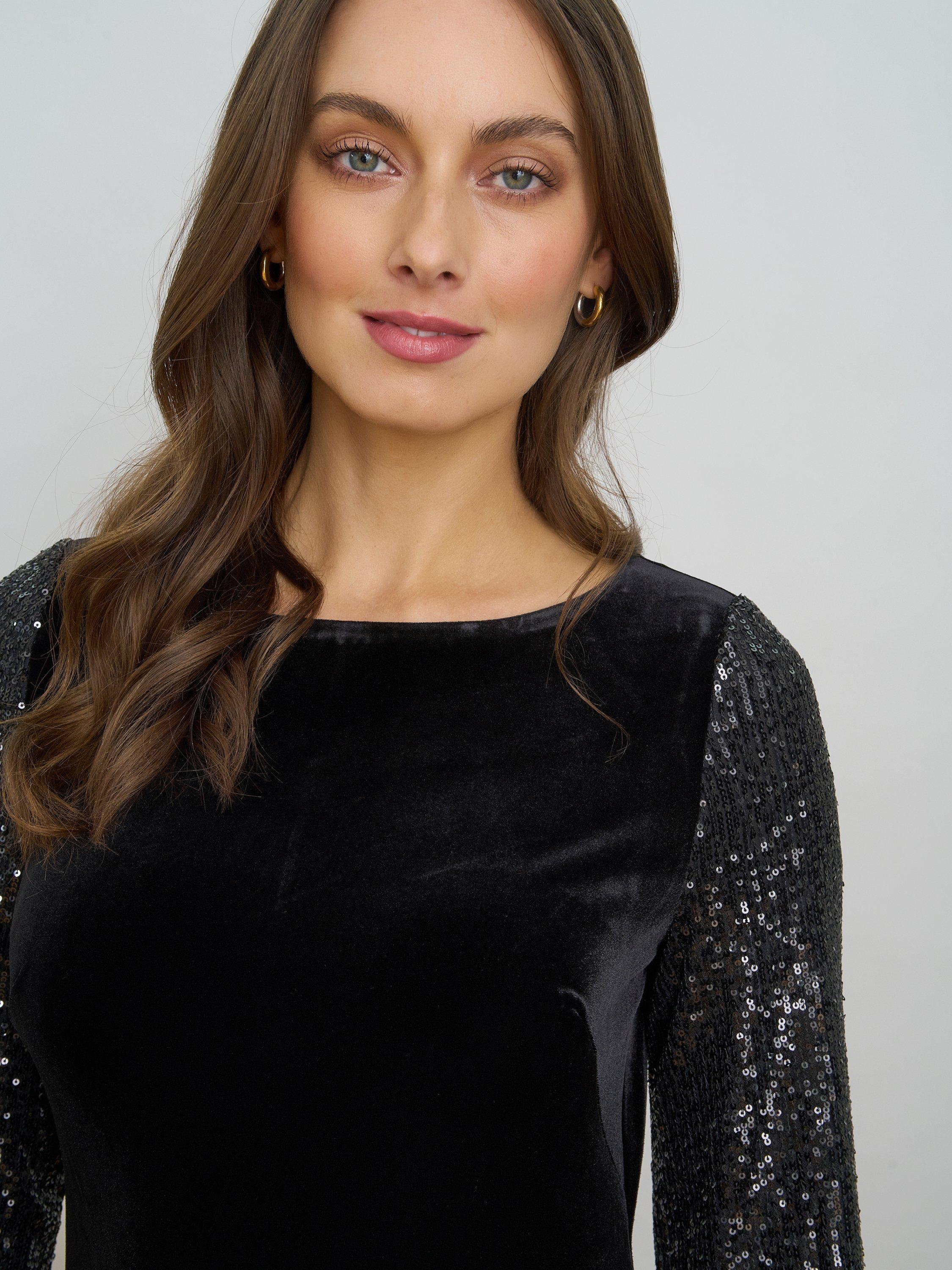 pauline sequin long sleeve dress in black 1980S PAULINE TRIGERE Black Beaded Silk Chiffon Long Sleeve Gown