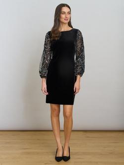 Gina Bacconi Sky Floral Long Puff Sleeve Round Neck Mini Sheath Dress, Black/Silver