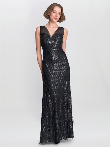 Gina Bacconi Tamsin Sequin Sleeveless V Neck Maxi Mermaid Dress, Black