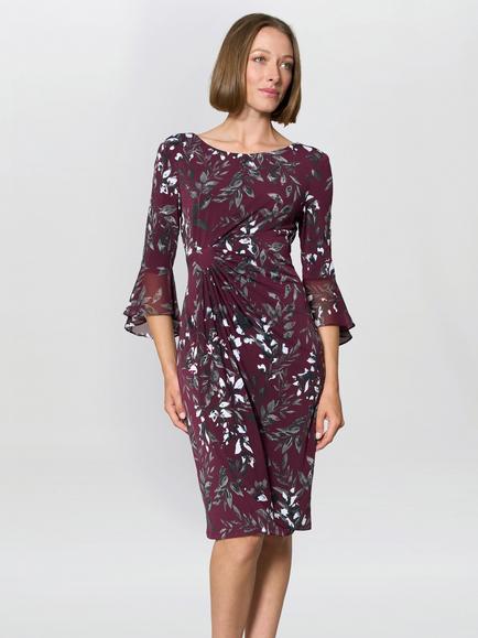 Gina Bacconi Kristin Floral Three Quarter Sleeve Pencil Midi Dress, Burgundy