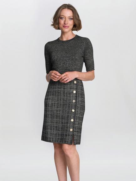 Gina Bacconi Antonella Check Short Sleeve Midi Dress, Black/Gold