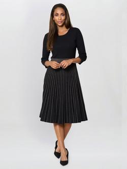 Gina Bacconi Stripe Three Quarter Sleeve Collarless Pleated Midi Dress, Black