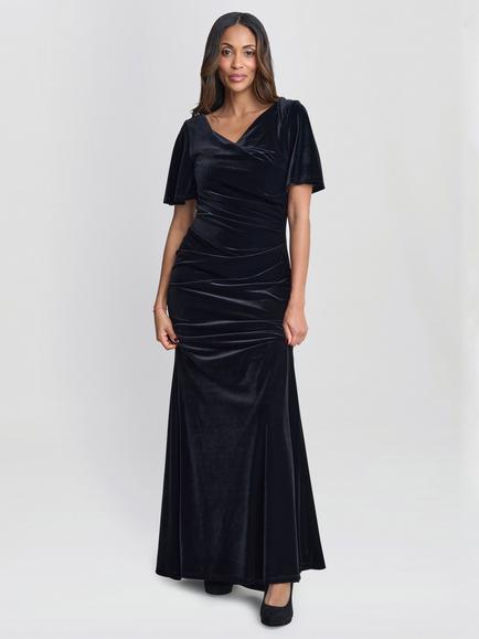 Gina Bacconi Frilled Short Sleeve V Neck Ruched Maxi Dress, Black