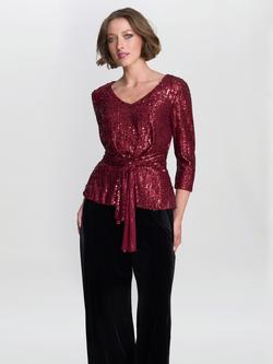 Gina Bacconi Tessie Sequin Three Quarter Sleeve Tie Waist Blouse, Wine