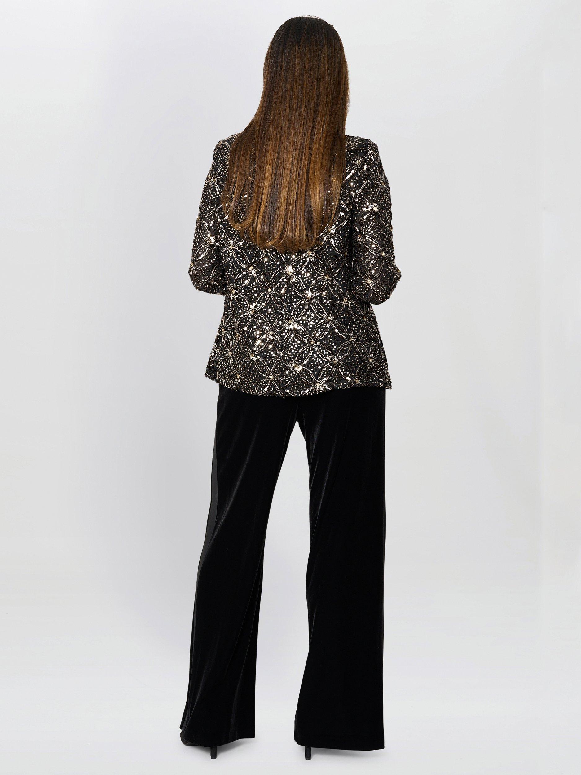 Product image 2 of 6, which shows Gina Bacconi Tarin Sequin Three Quarter Sleeve Blouse, Black, S