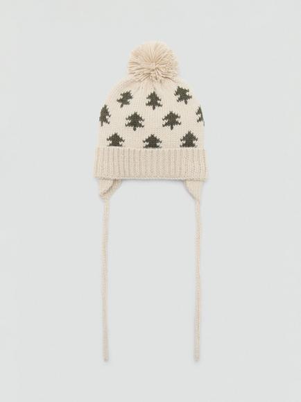 Mango Kids' Bosque Tree Beanie Hat, Beige/Dark Green, Beige/Dark Green