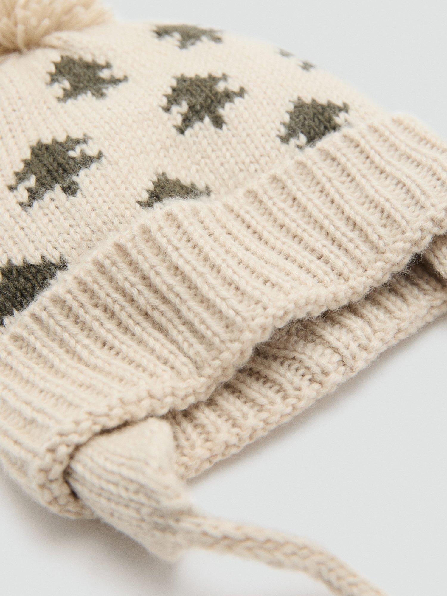 Product image 2 of 4, which shows Mango Kids' Bosque Tree Beanie Hat, Beige/Dark Green, 3-5 years
