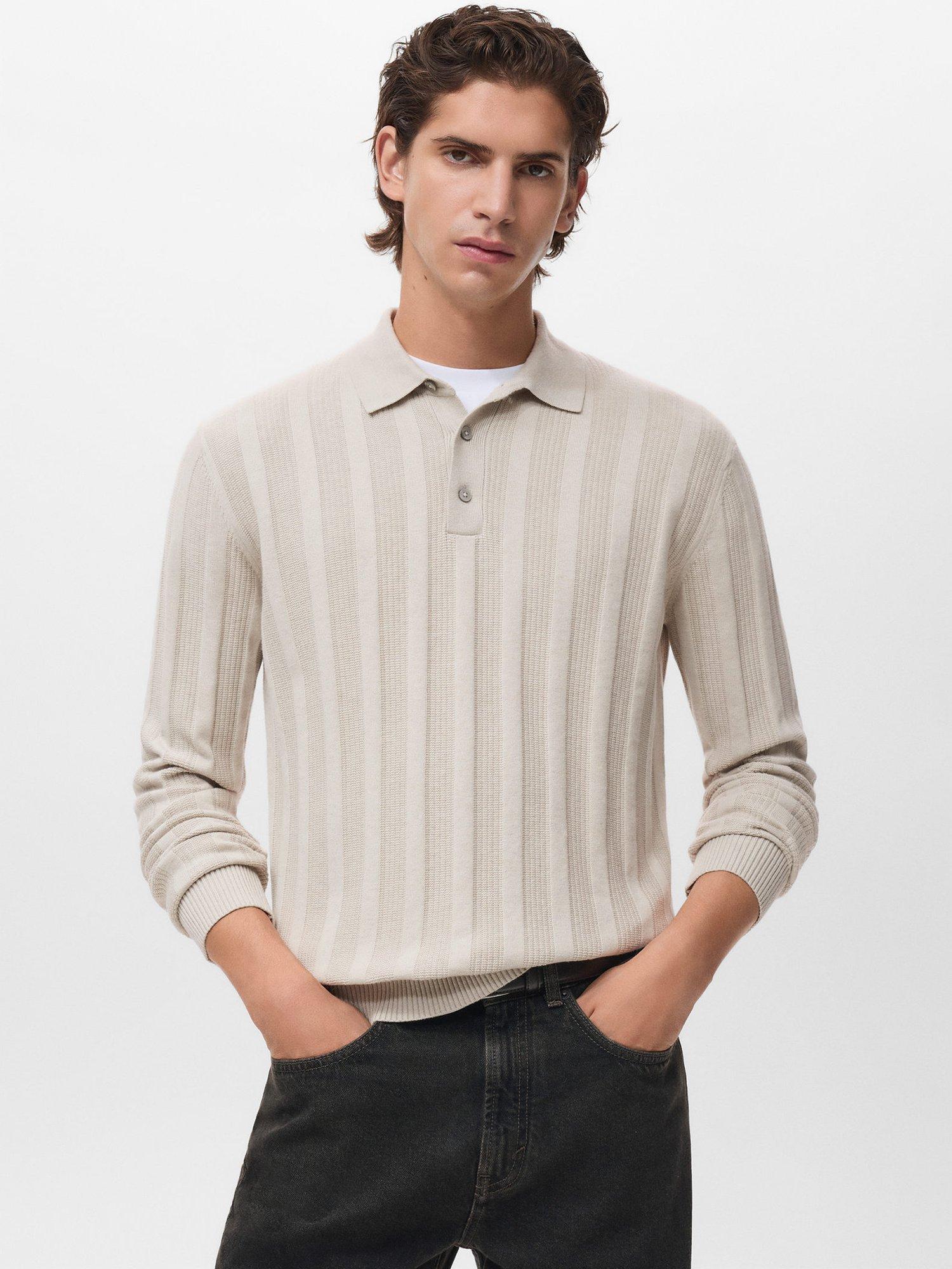 Mango Ranci Ribbed Knitted Polo Sweater, Light Beige