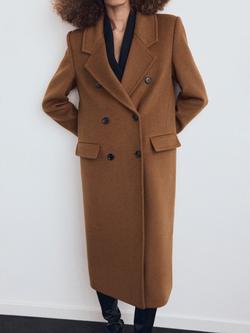 Mango Double Breasted Longline Wool Blend Overcoat, Dark Yellow, Dark Yellow