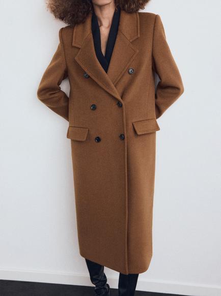 Mango Double Breasted Longline Wool Blend Overcoat, Dark Yellow, Dark Yellow