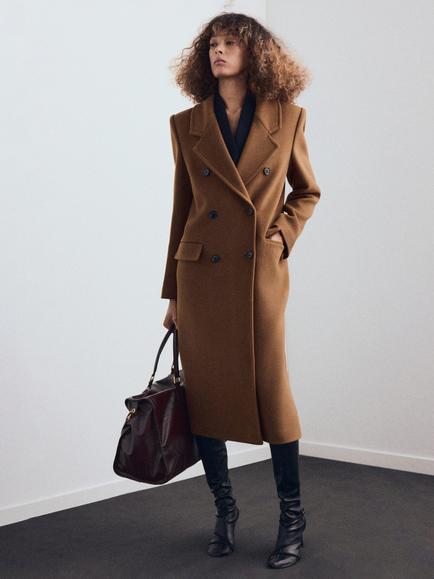 Mango Double Breasted Longline Wool Blend Overcoat, Dark Yellow - view 2, Dark Yellow