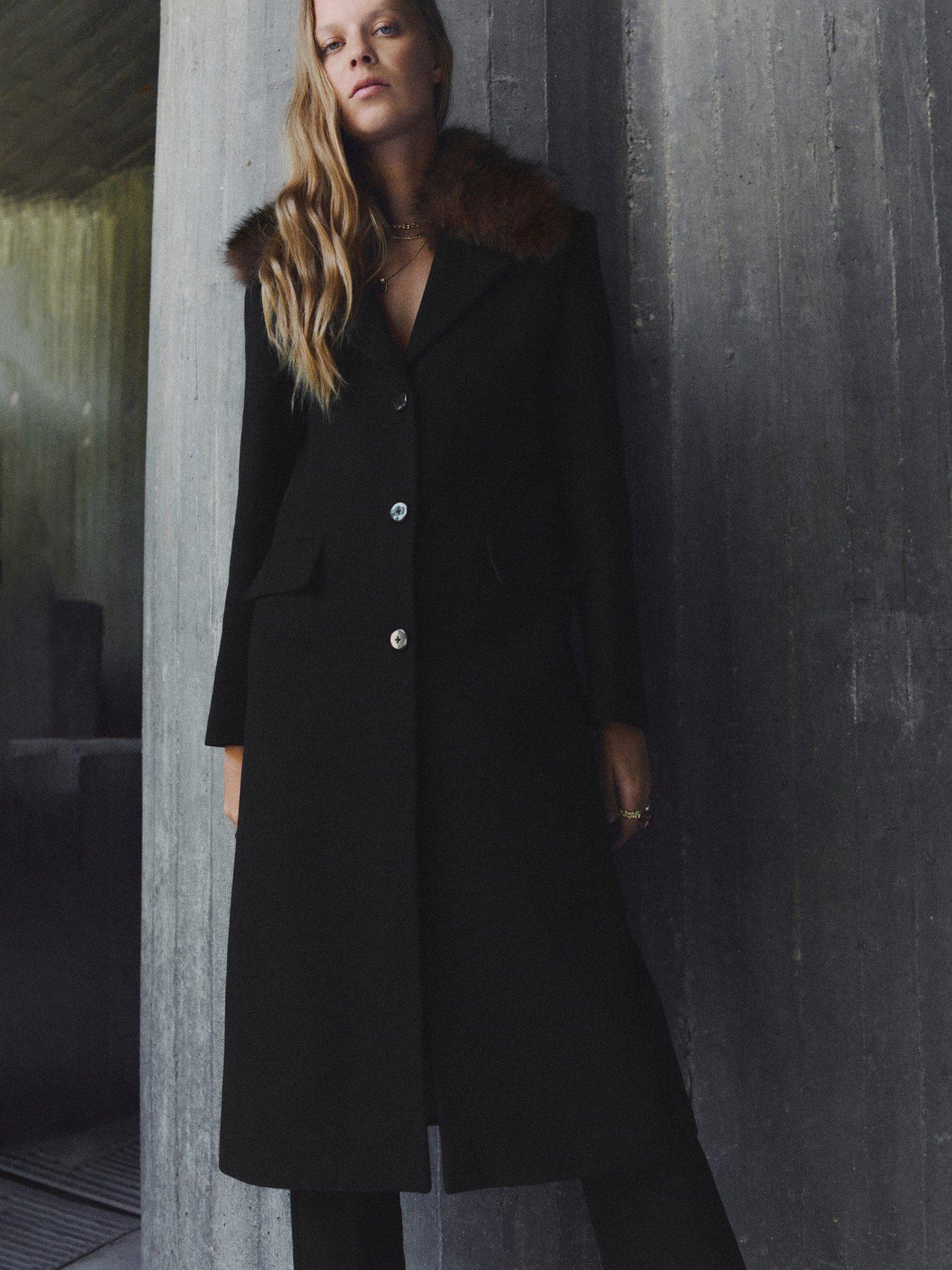Product image 1 of 7, which shows Mango Single Breasted Longline Wool Blend Overcoat, Black, XXS