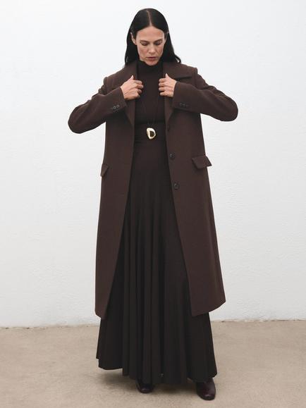 Mango Single Breasted Longline Wool Blend Overcoat, Dark Brown - view 2, Dark Brown
