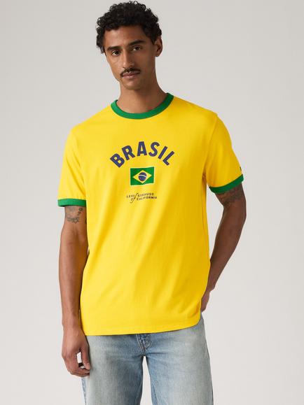 Levi's World Cup Ringer Brasil Cotton T-Shirt, Yellow/Green, Yellow/Green