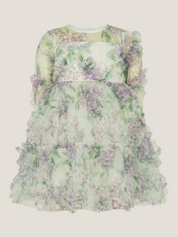 Monsoon Baby Long Sleeved Floral Ruffle Dress, Multi - view 2, Multi