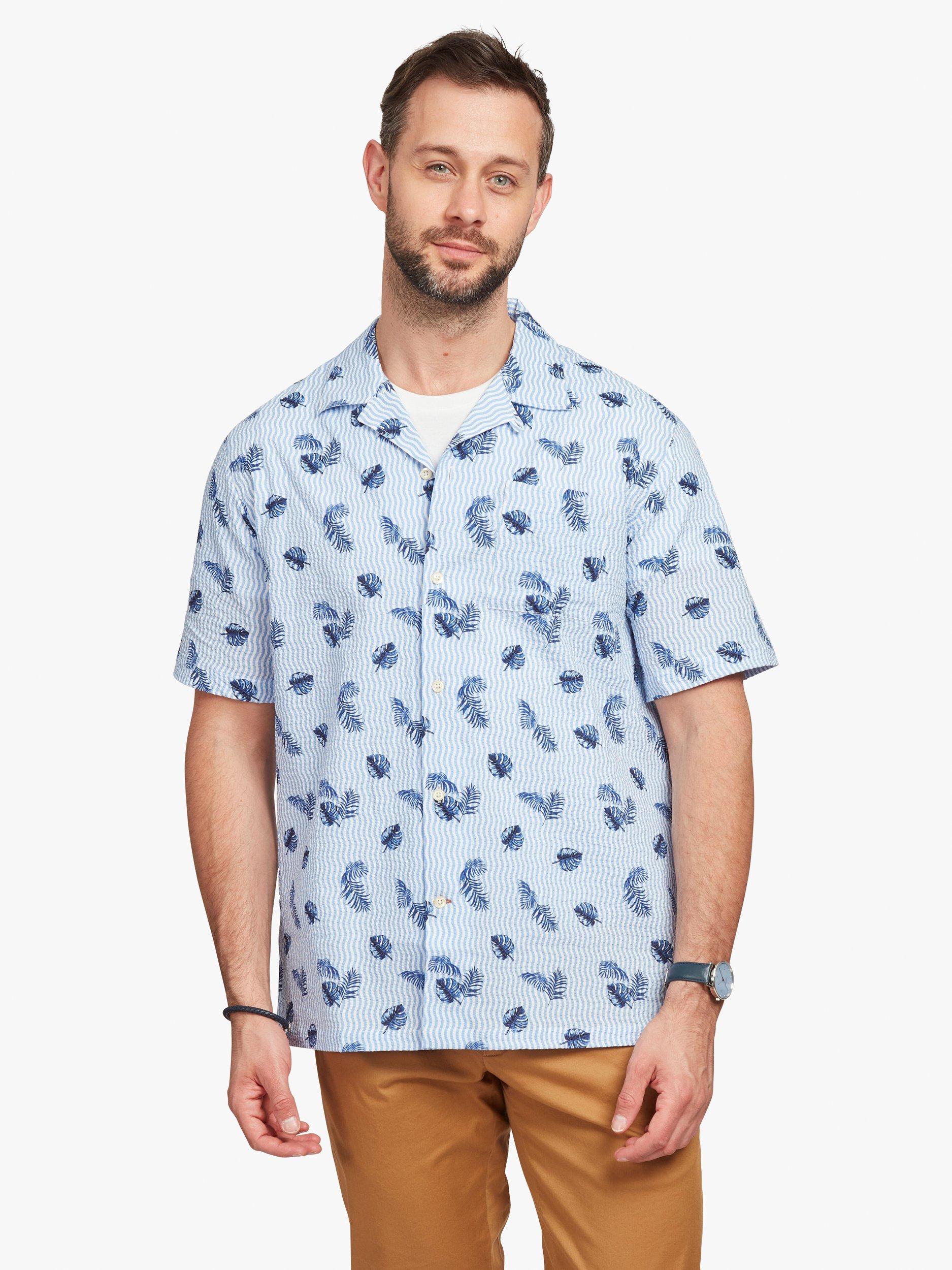 Product image 1 of 7, which shows Simon Carter Wave Seersucker Short Sleeve Shirt, Blue, S