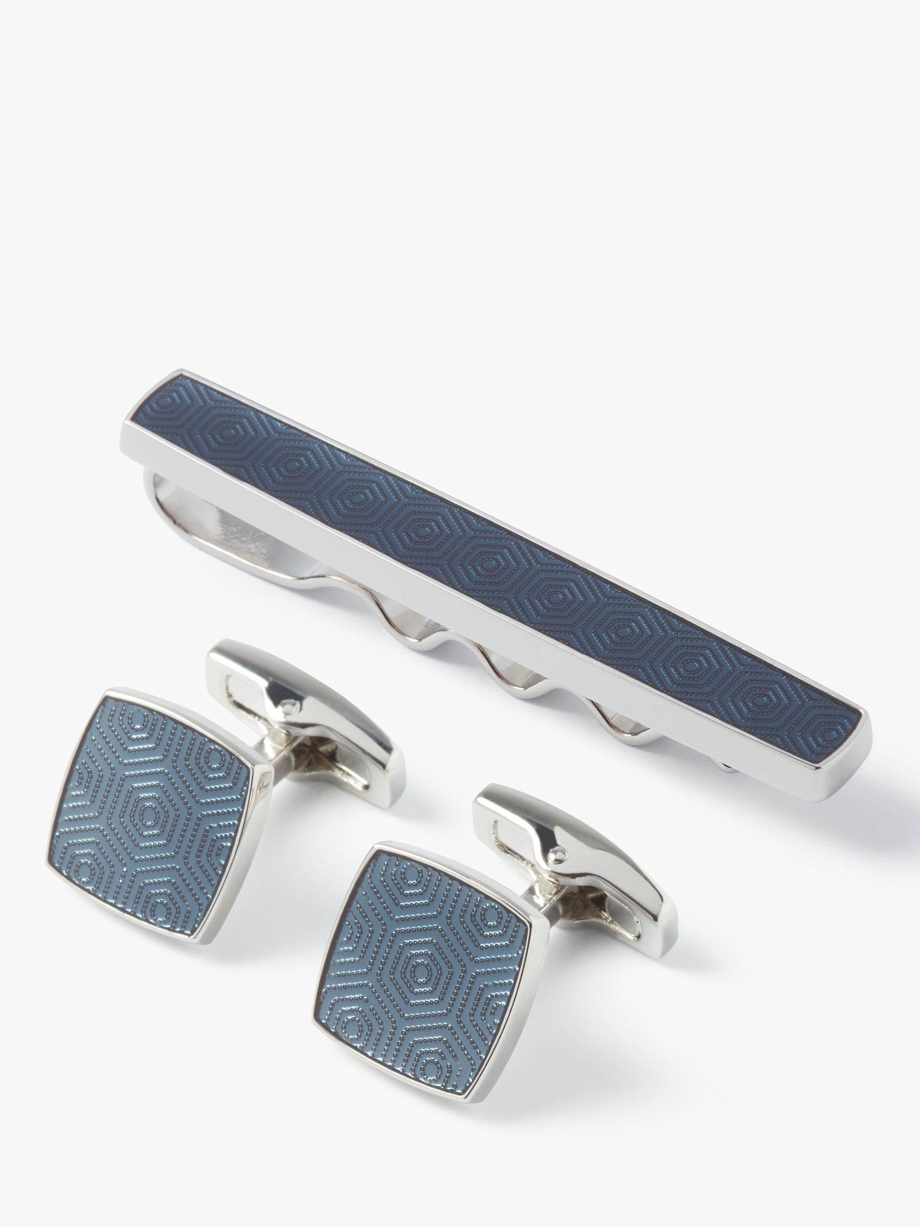 Product image 1 of 6, which shows Simon Carter Adagio Tie Slide and Cufflink Set, Silver/Indigo Blue