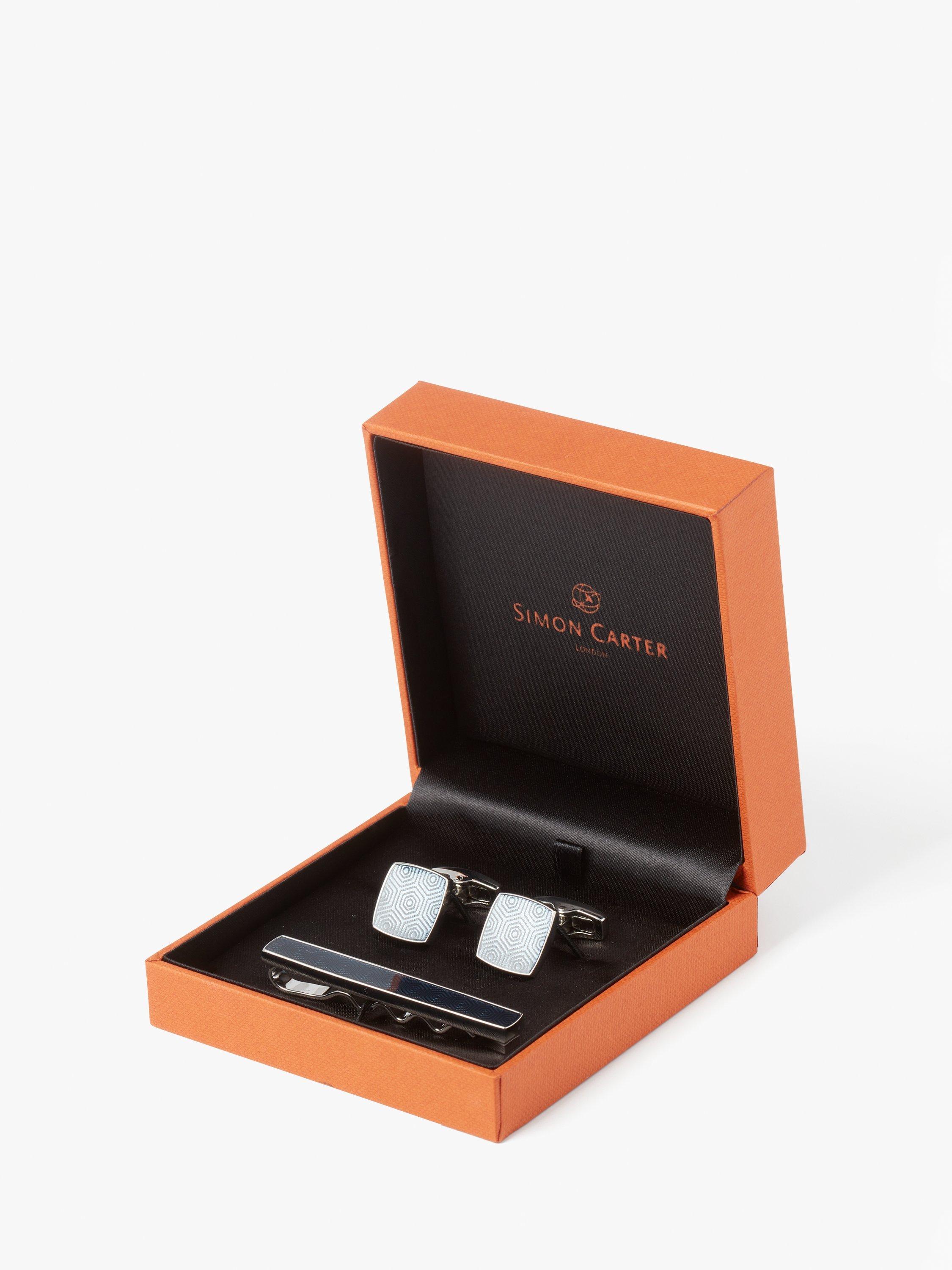 Product image 3 of 6, which shows Simon Carter Adagio Tie Slide and Cufflink Set, Silver/Indigo Blue