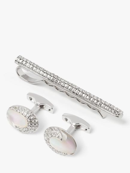 Simon Carter Crystal Tie Slide and Oval Mother of Pearl Cufflink Set, Silver