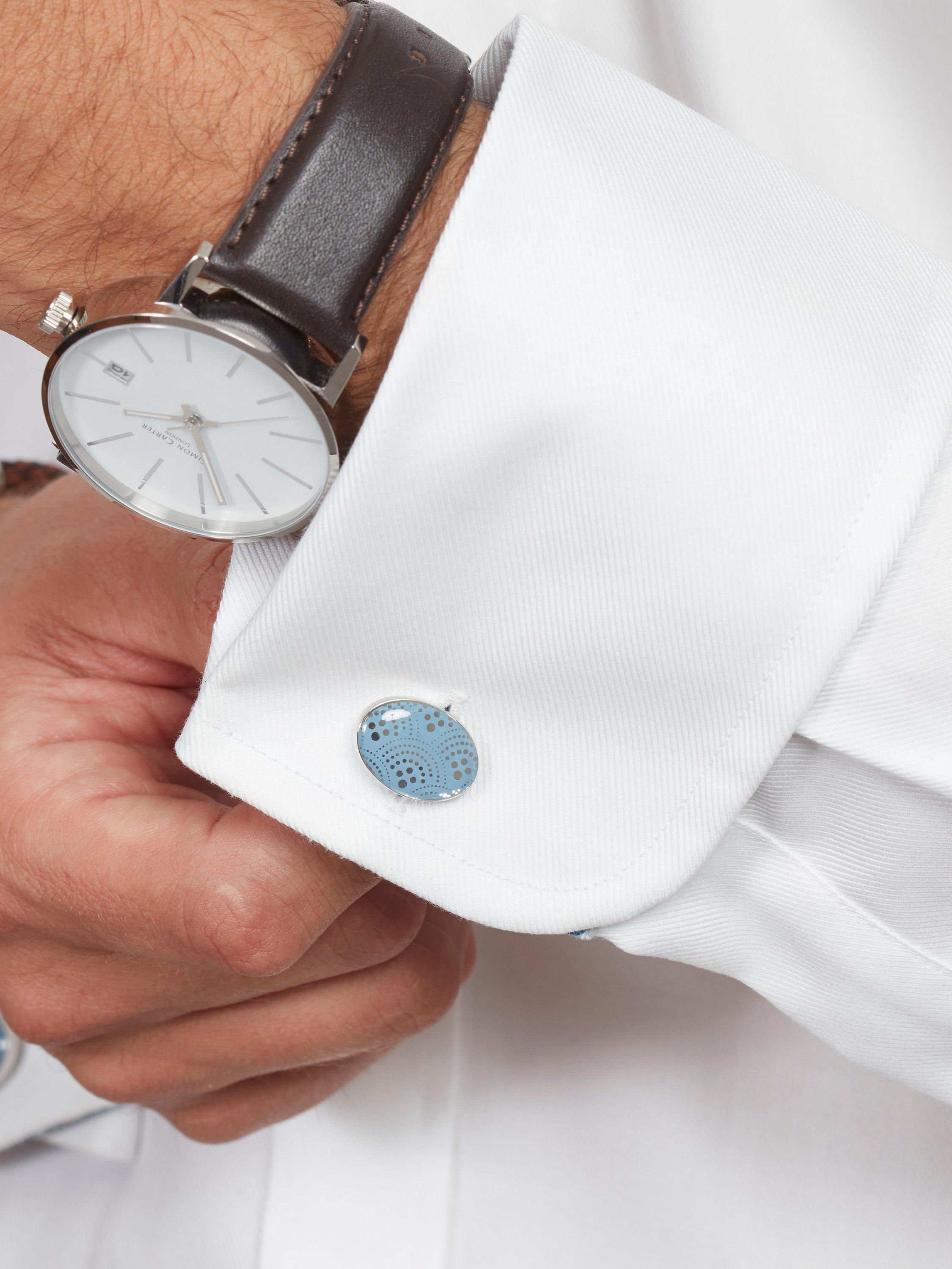 Product image 2 of 6, which shows Simon Carter Brio Art Nouveau Tie Slide and Cufflink Set, Light Blue/Silver