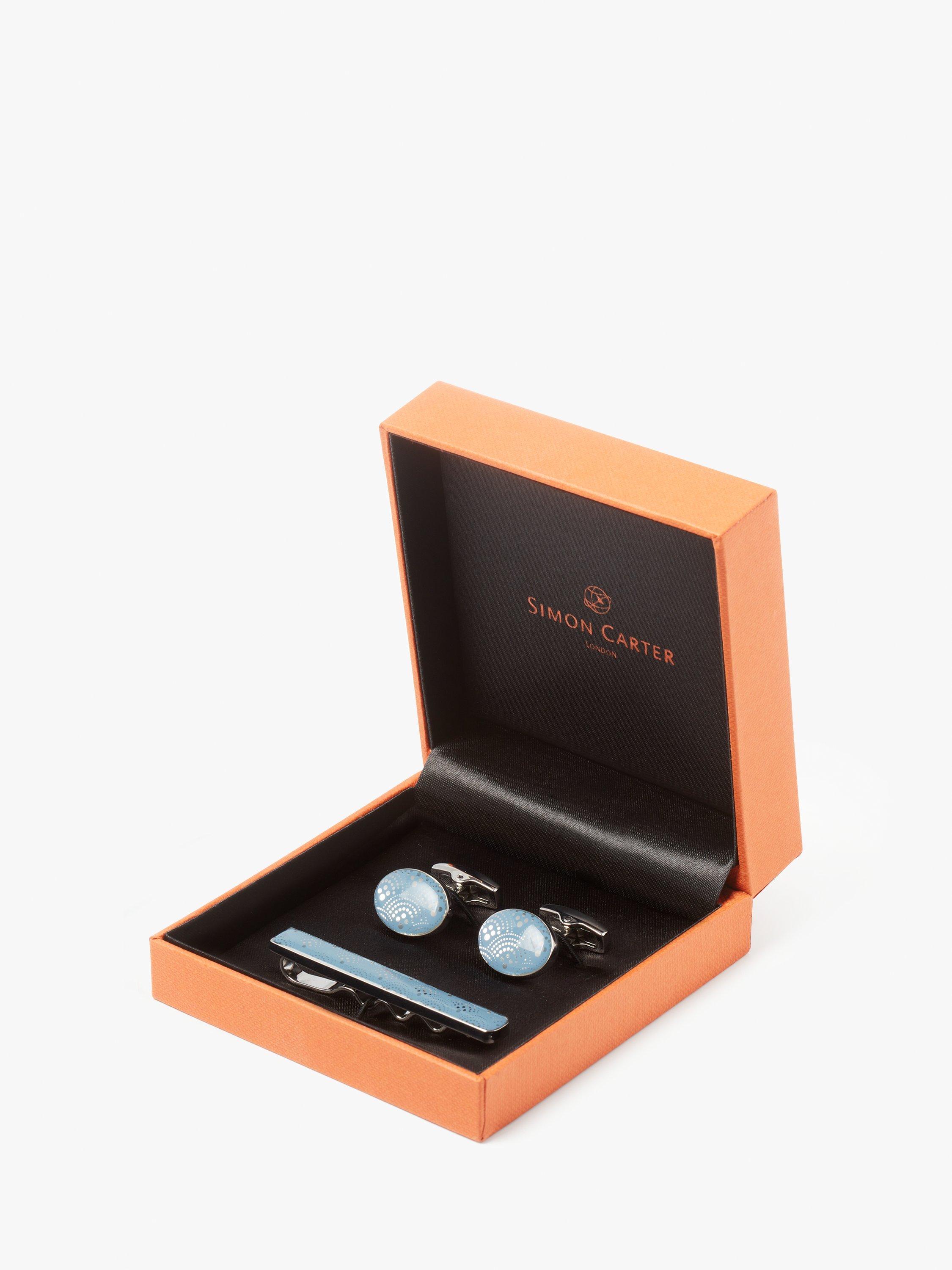 Product image 3 of 6, which shows Simon Carter Brio Art Nouveau Tie Slide and Cufflink Set, Light Blue/Silver