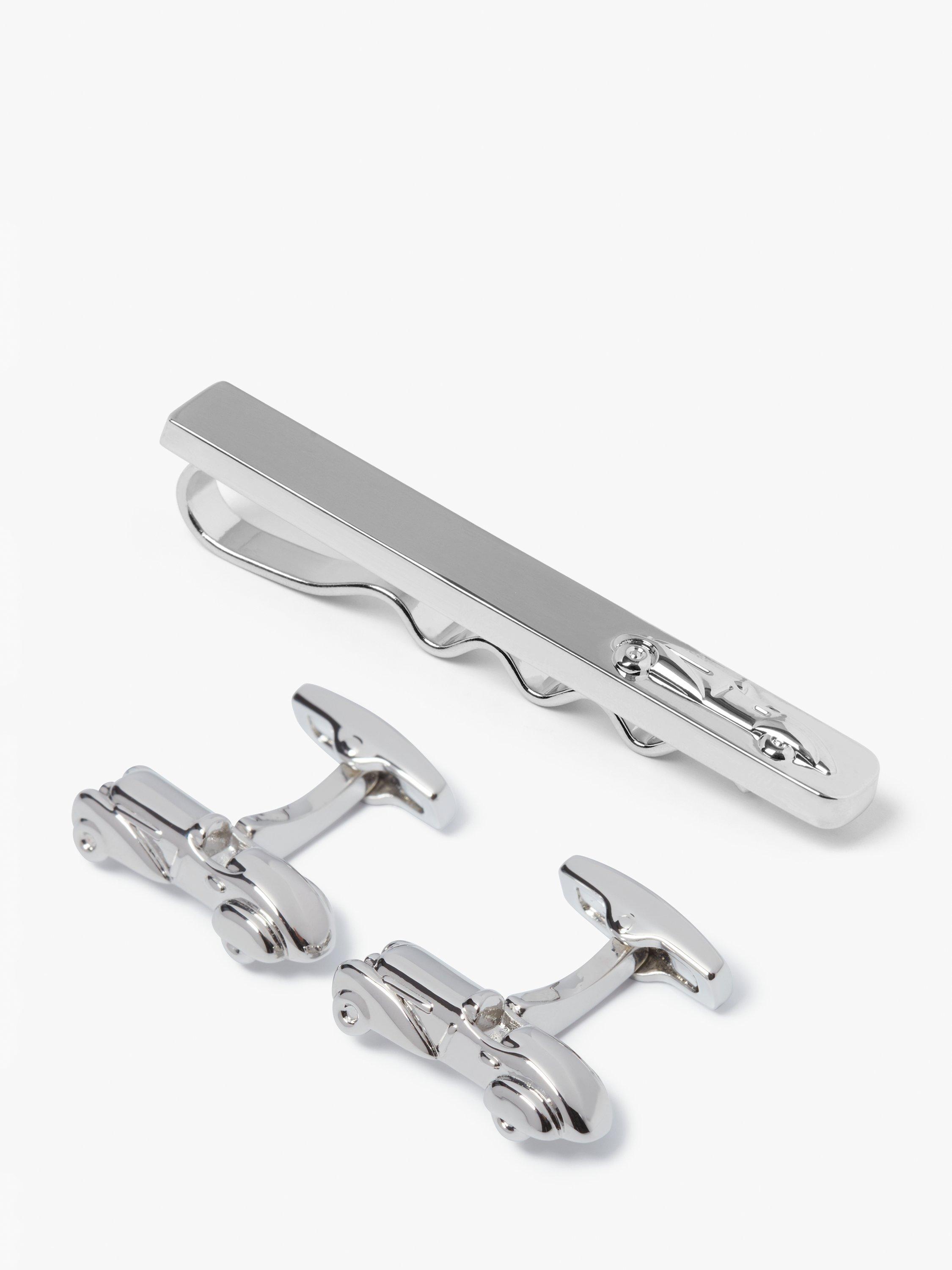 Product image 1 of 6, which shows Simon Carter Car Tie Slide and Cufflink Set, Silver