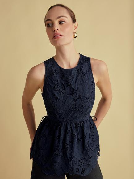 FLORERE Lace Peplum Top, Navy, Navy