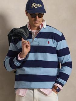 Ralph Lauren Iconic Long Sleeve  Stripe Rugby Shirt, Powder Blue Newport Navy, Powder Blue Newport Navy