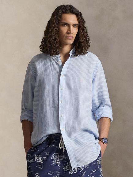 Polo Ralph Lauren Big & Tall Linen Stripe Sport Shirt, Blue White, 7188b Blue White