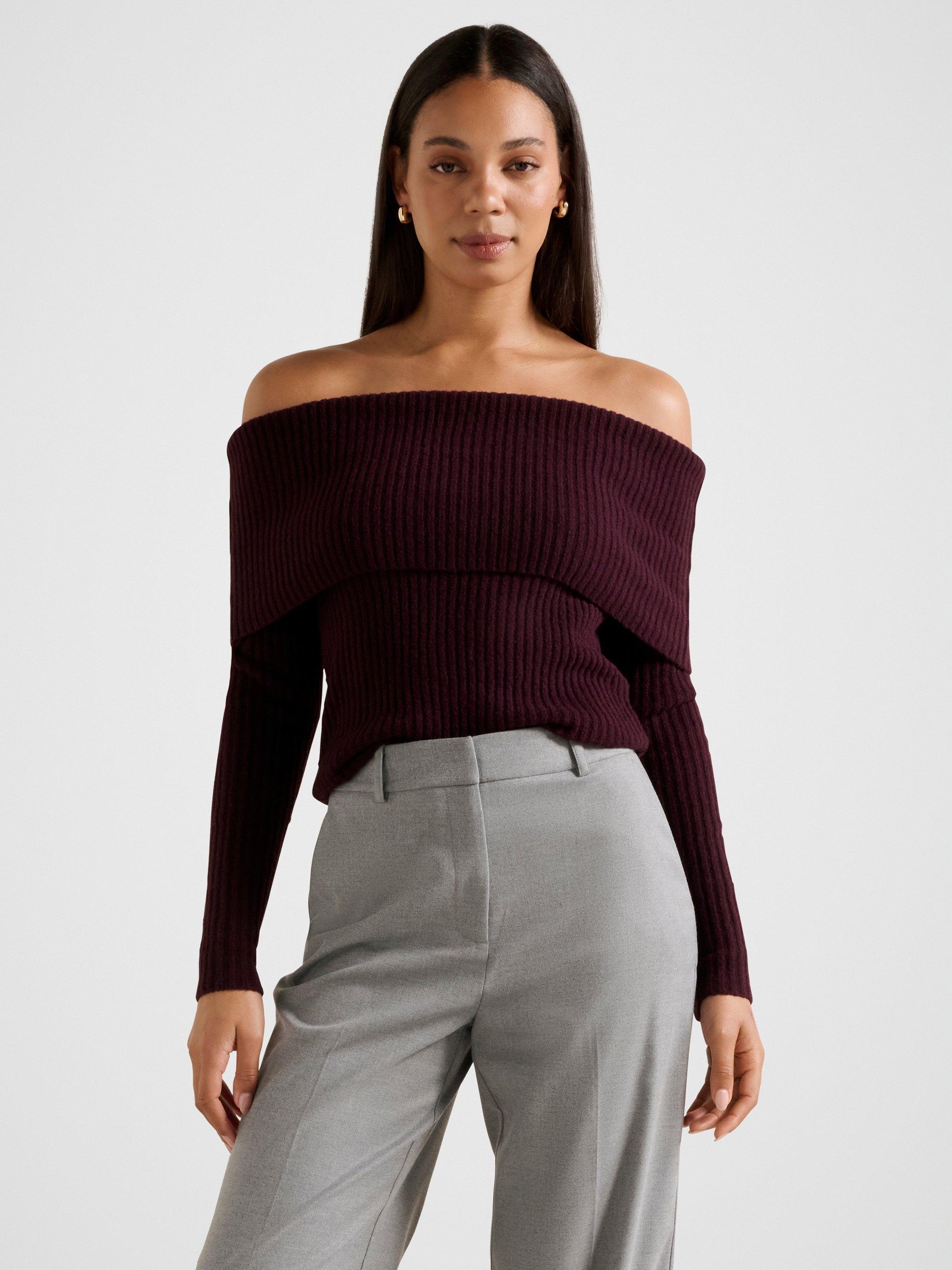 Product image 1 of 5, which shows Forever New Ashley Rib Knit Bardot Top, Deep Plum, L