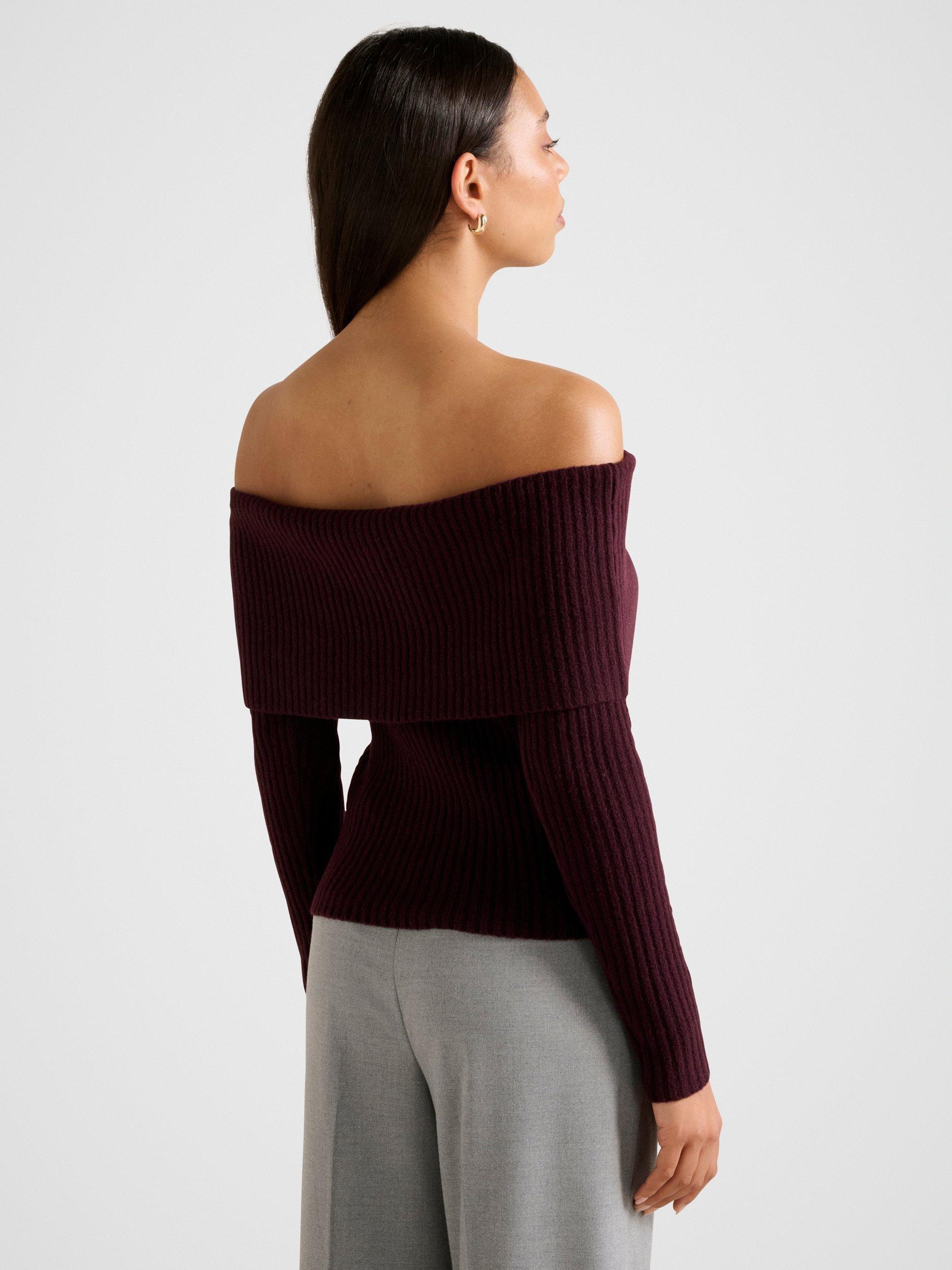 Product image 2 of 5, which shows Forever New Ashley Rib Knit Bardot Top, Deep Plum, L
