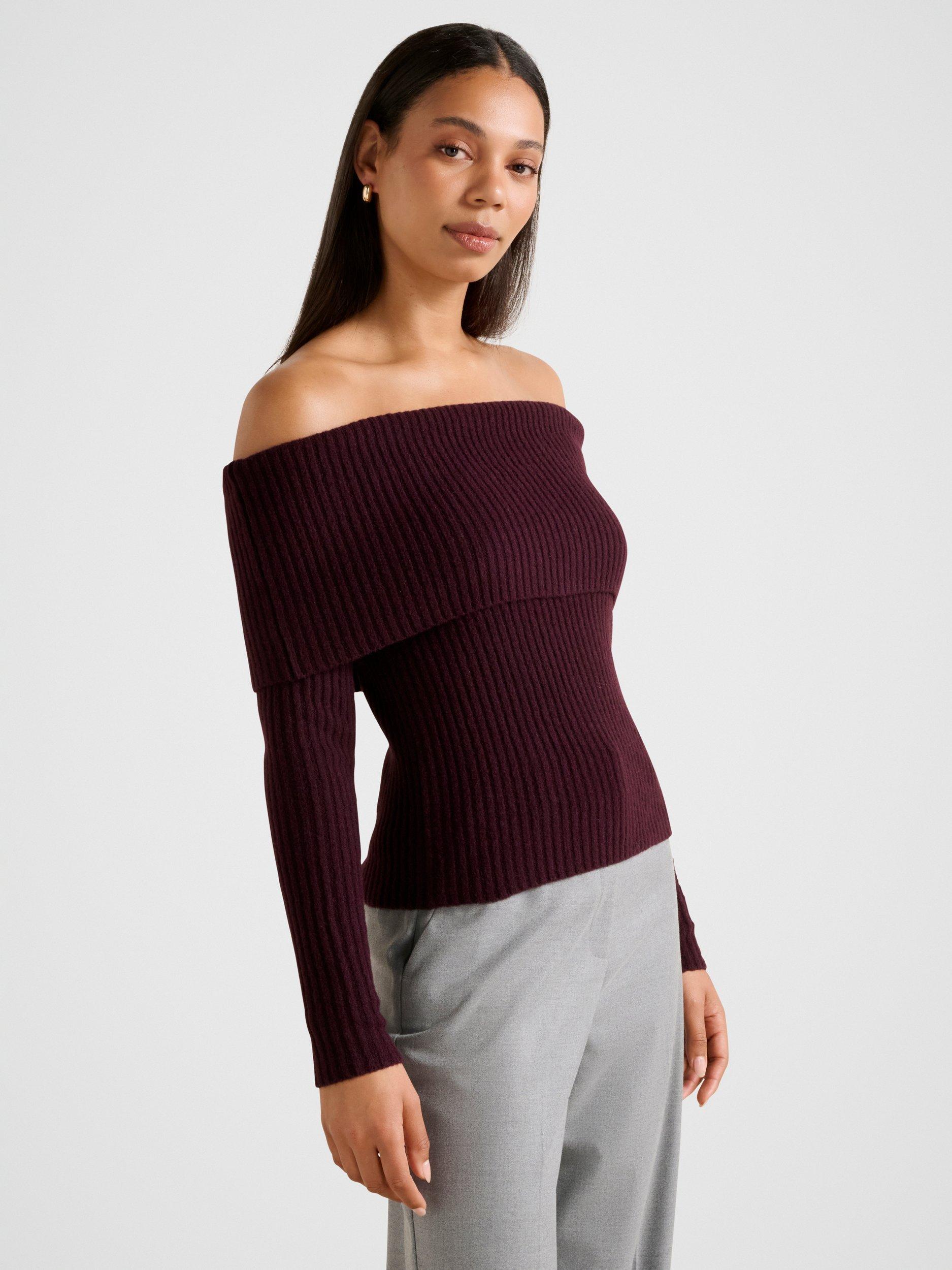 Product image 3 of 5, which shows Forever New Ashley Rib Knit Bardot Top, Deep Plum, L