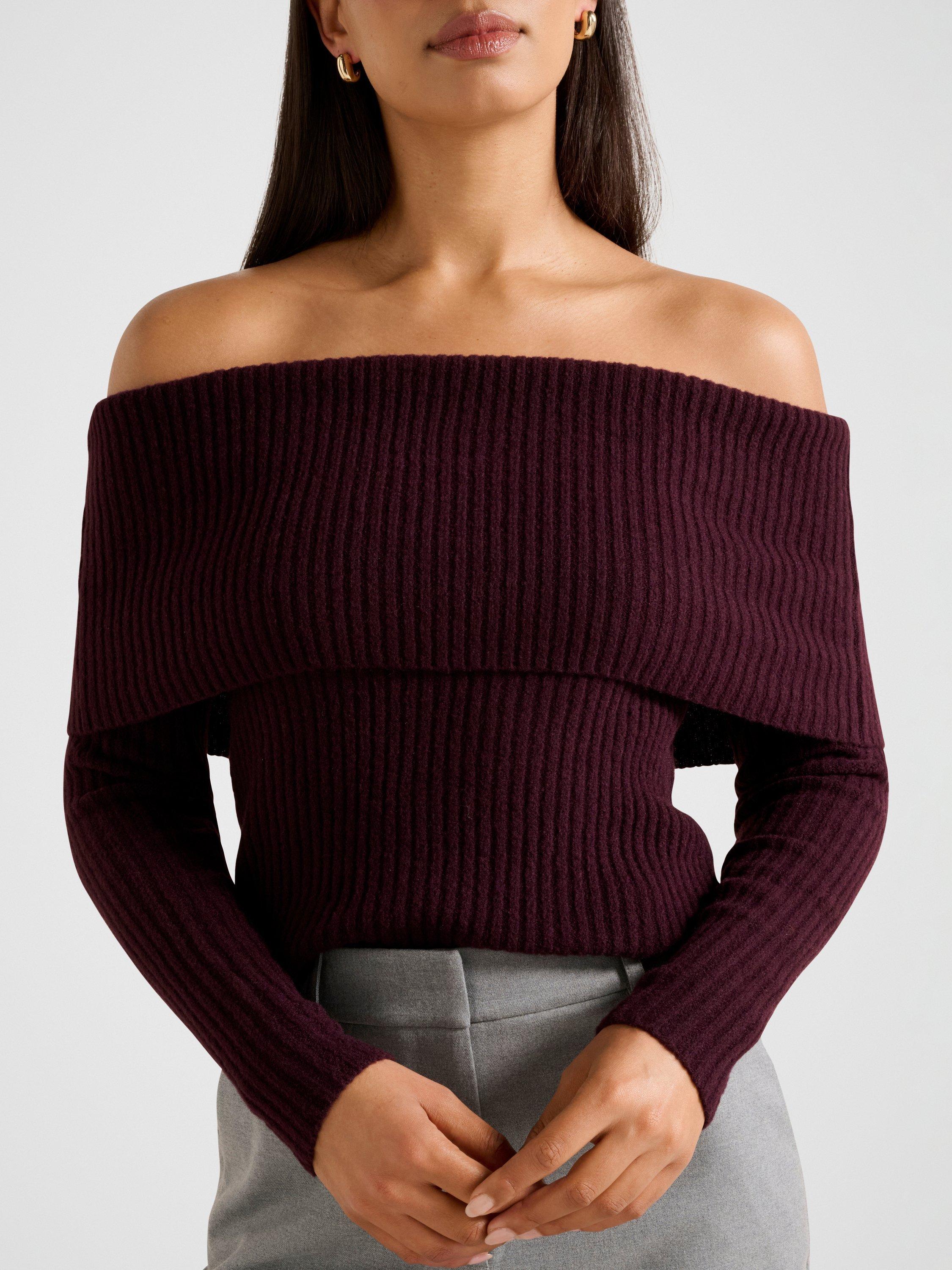 Product image 4 of 5, which shows Forever New Ashley Rib Knit Bardot Top, Deep Plum, L