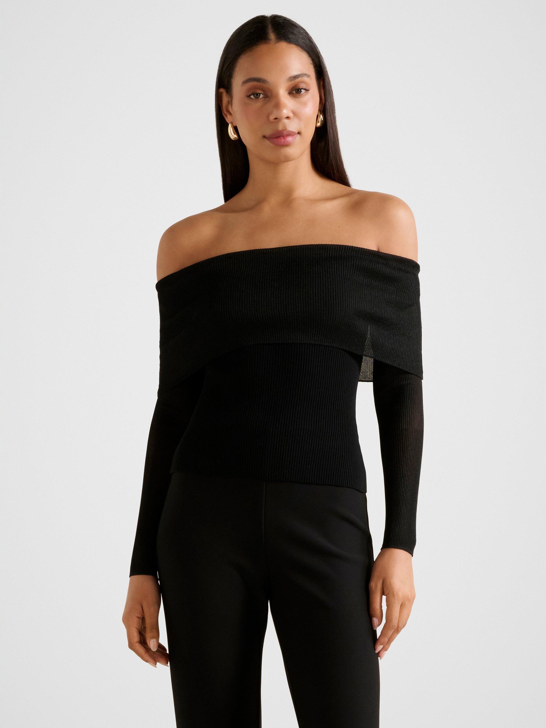 Product image 1 of 5, which shows Forever New Brynn Bardot Knit Top, Black, L