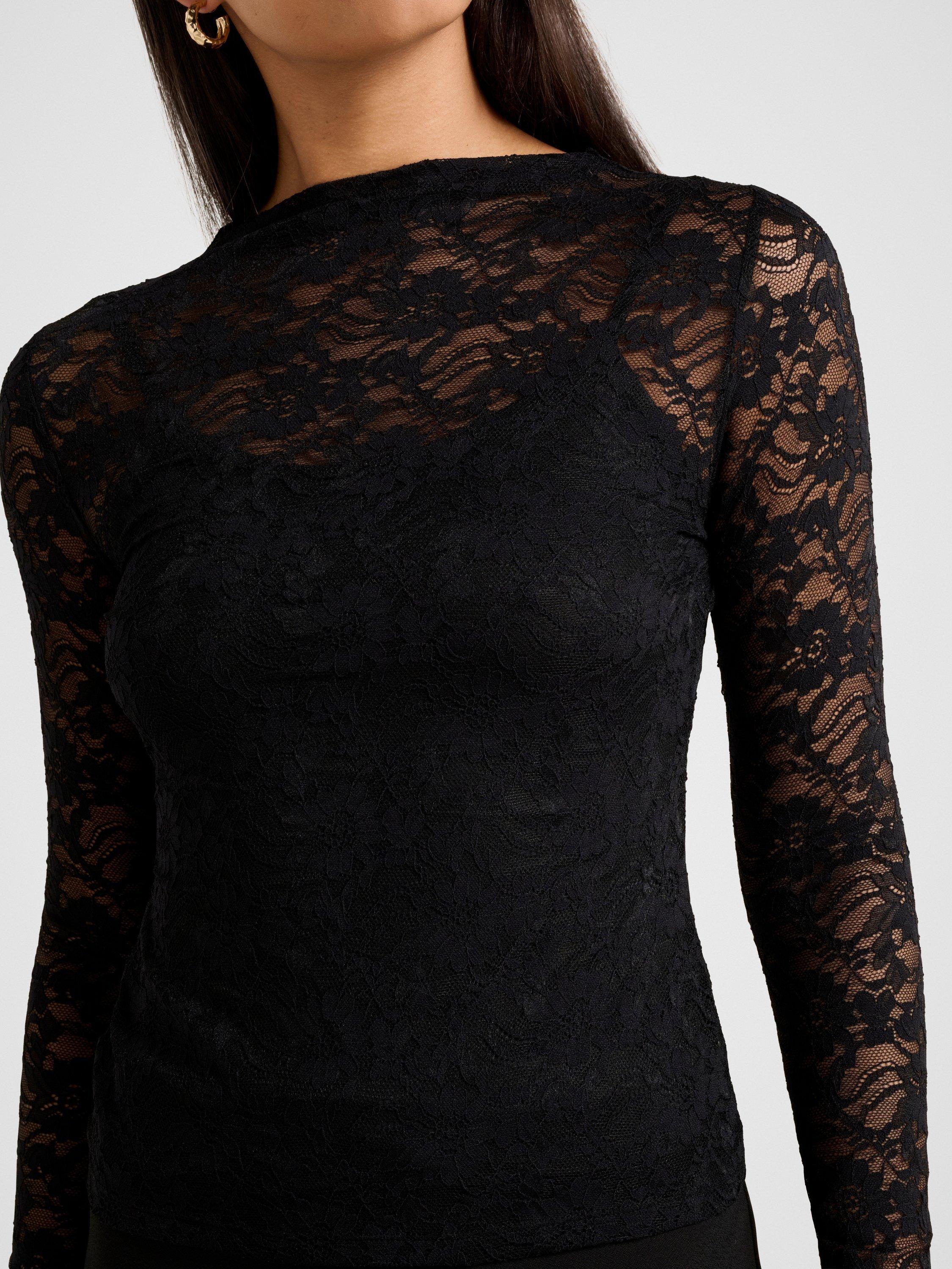 Product image 4 of 5, which shows Forever New Henley High Neck Lace Top, Black, 4
