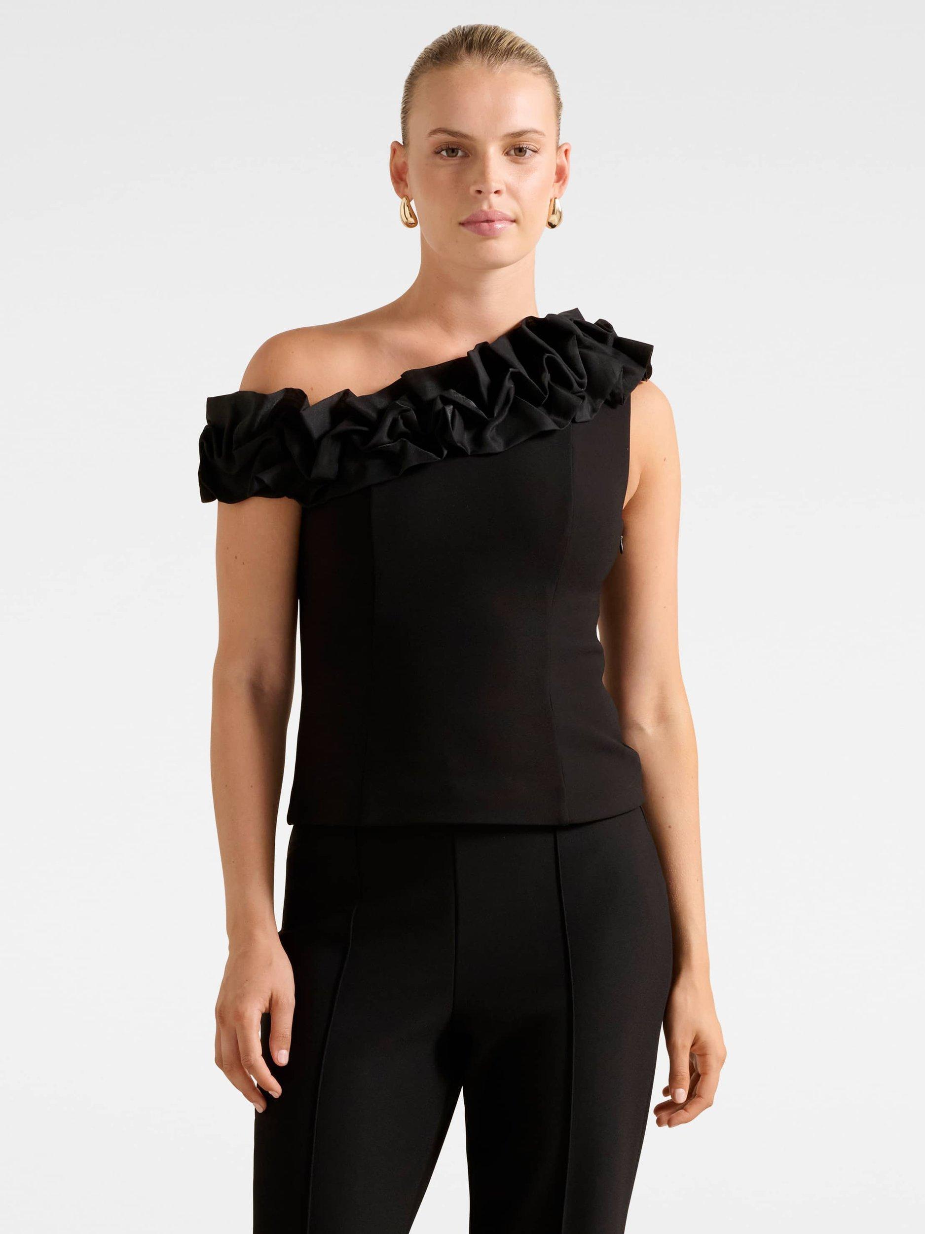 Product image 1 of 5, which shows Forever New Sadie One Shoulder Ruffle Top, Black, L