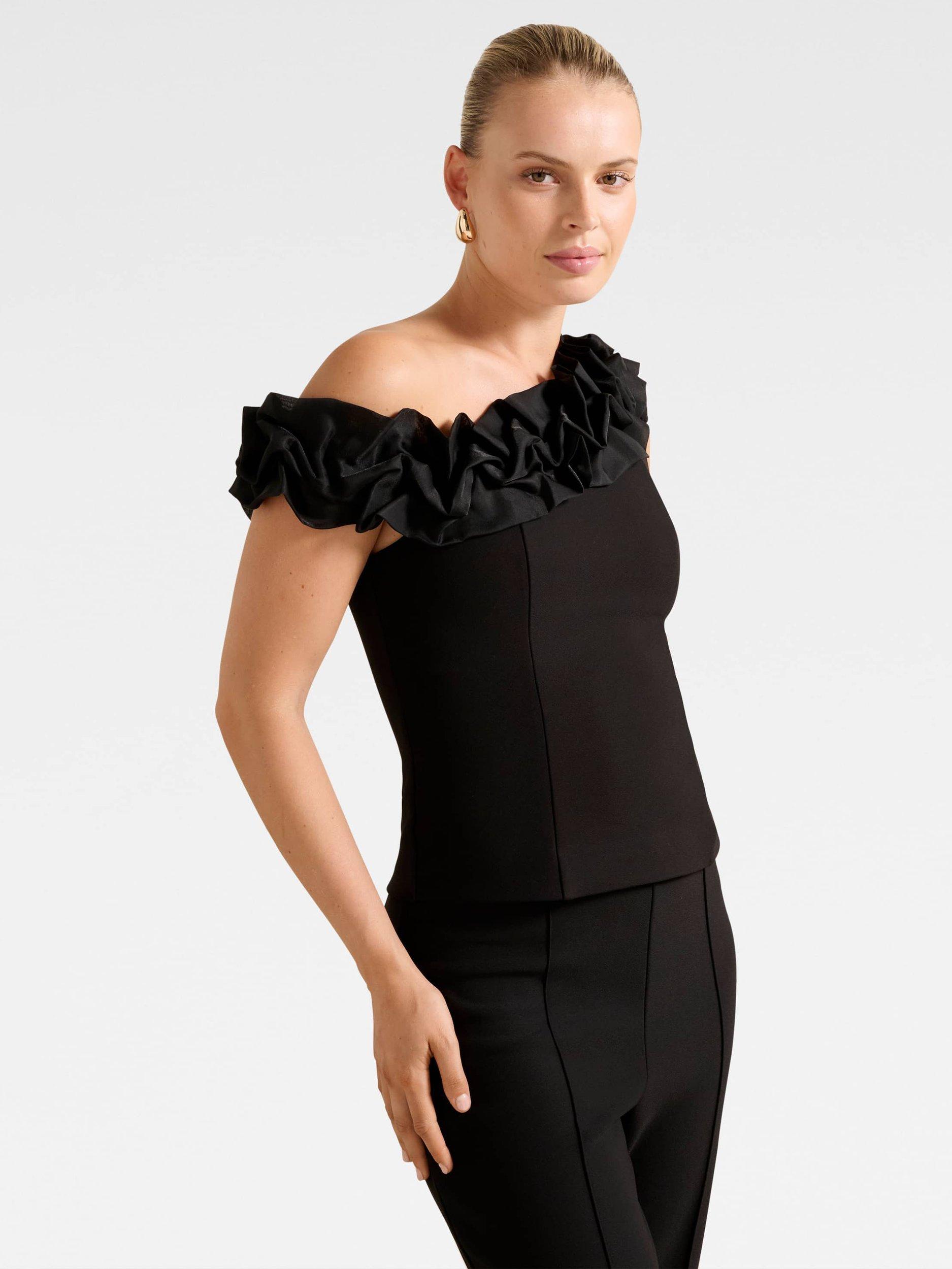 Product image 3 of 5, which shows Forever New Sadie One Shoulder Ruffle Top, Black, L