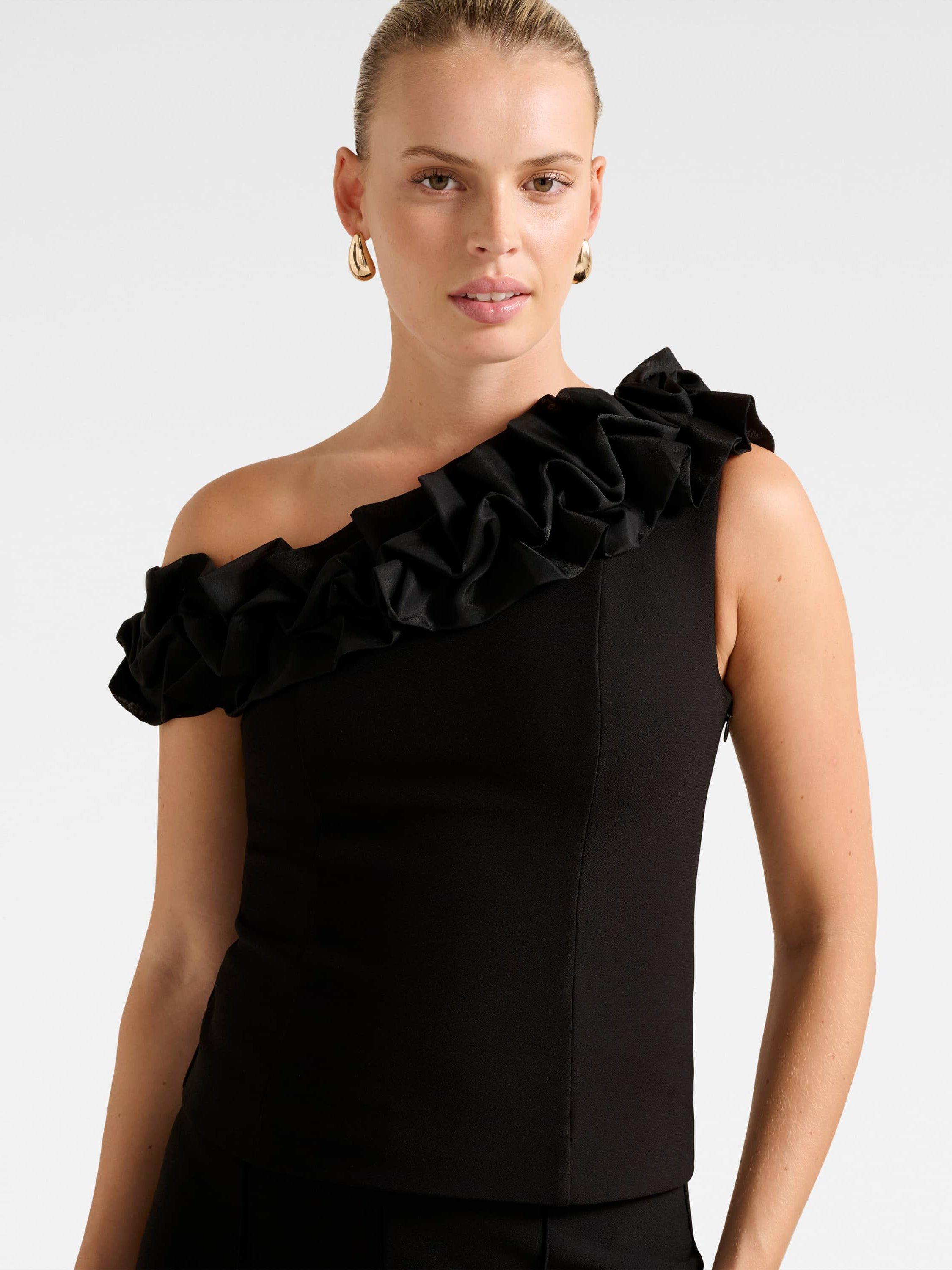 Product image 4 of 5, which shows Forever New Sadie One Shoulder Ruffle Top, Black, L