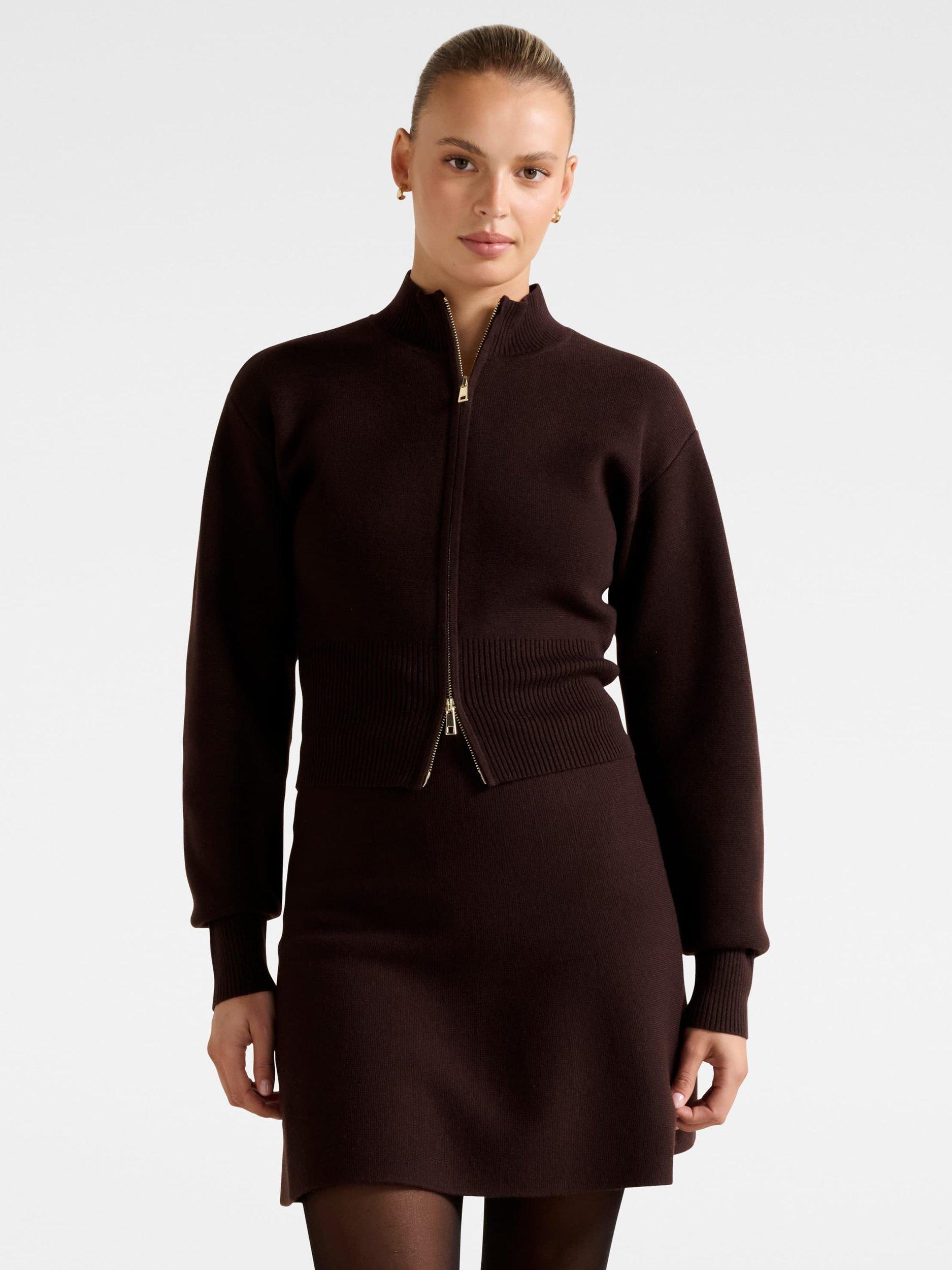 Product image 1 of 5, which shows Forever New Tia Double Zip Cardigan, Chocolate, L