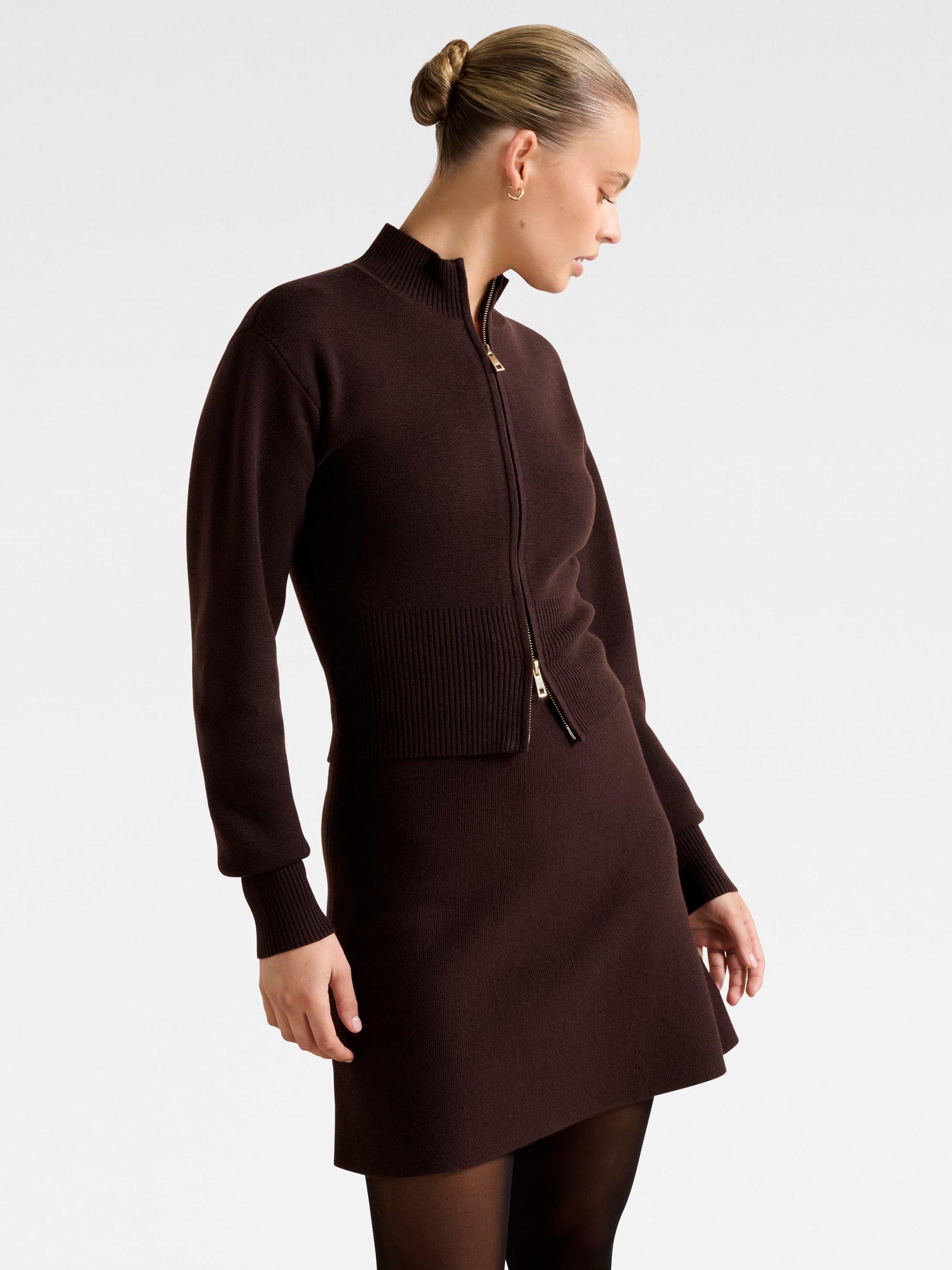 Product image 3 of 5, which shows Forever New Tia Double Zip Cardigan, Chocolate, L