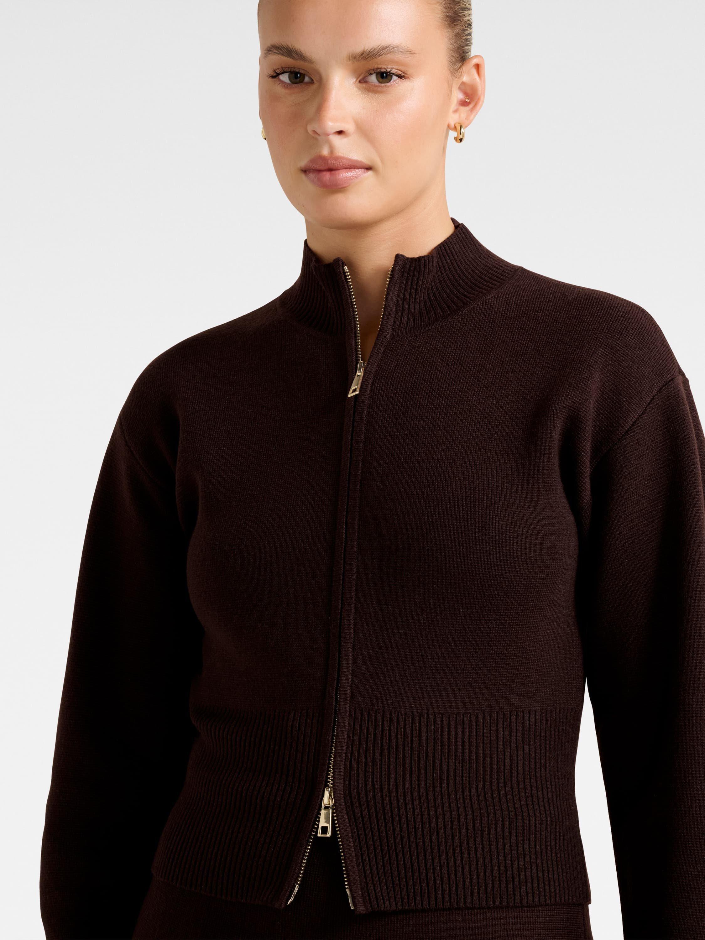 Product image 4 of 5, which shows Forever New Tia Double Zip Cardigan, Chocolate, L