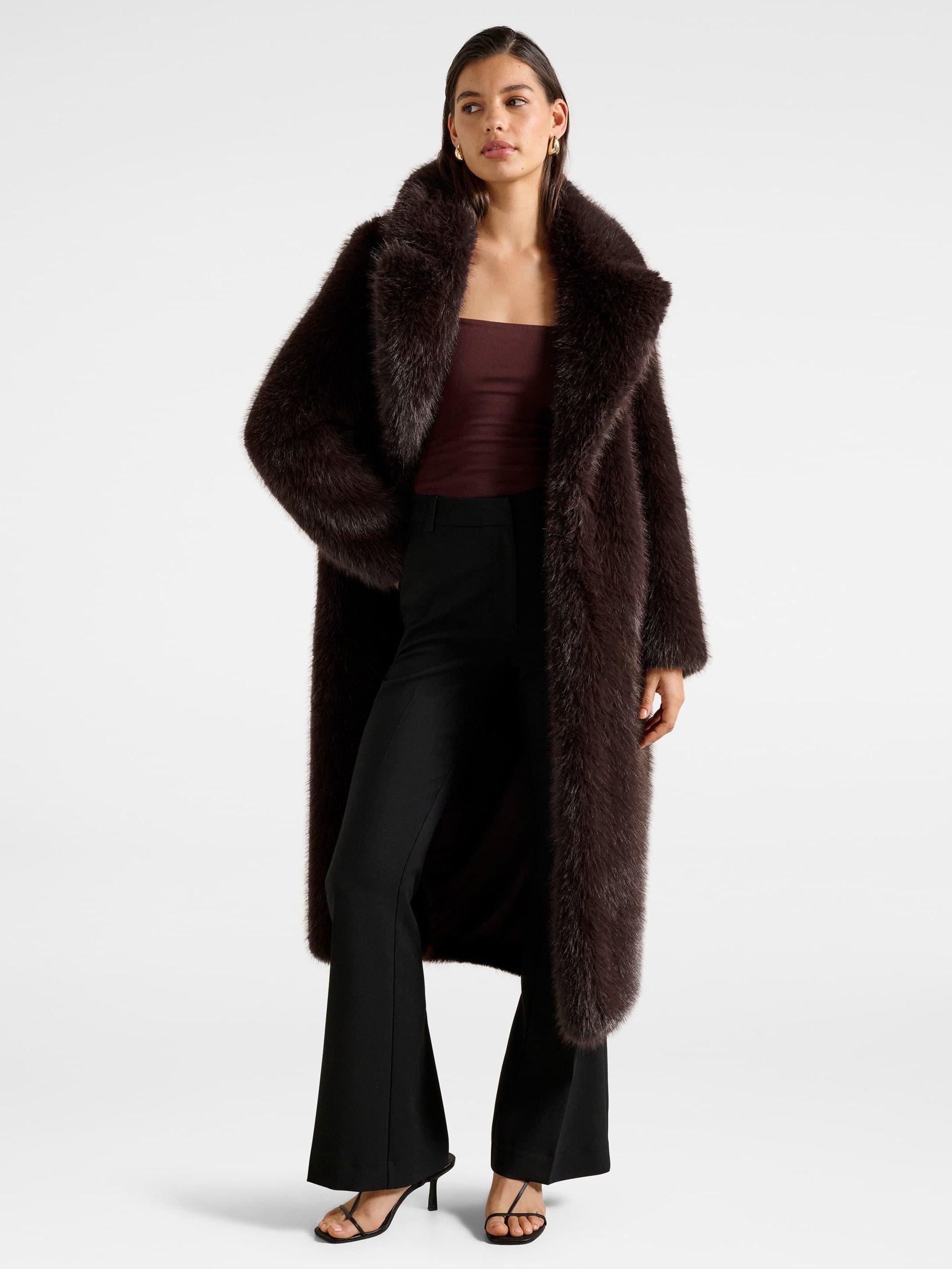 Product image 1 of 5, which shows Forever New Hunter Faux Fur Coat, Dark Chocolate, 4