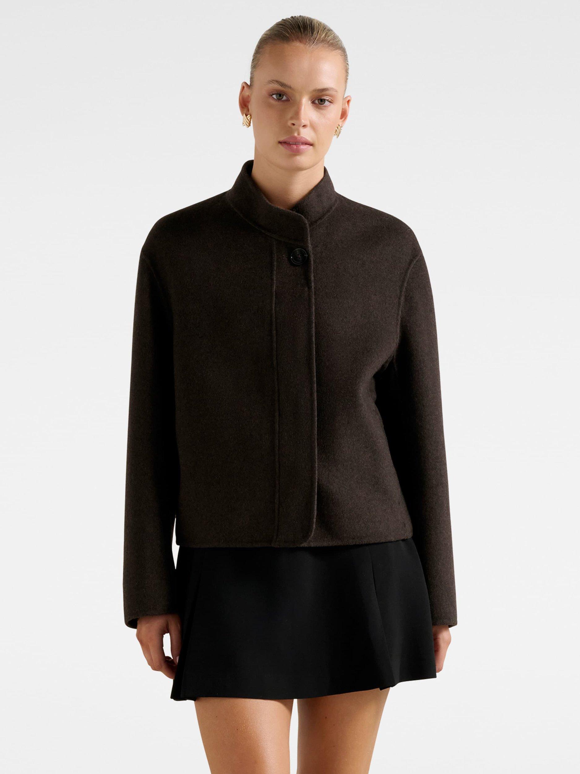 Product image 1 of 5, which shows Forever New Lex Wool Blend Felled Bomber Jacket, Chocolate, 4