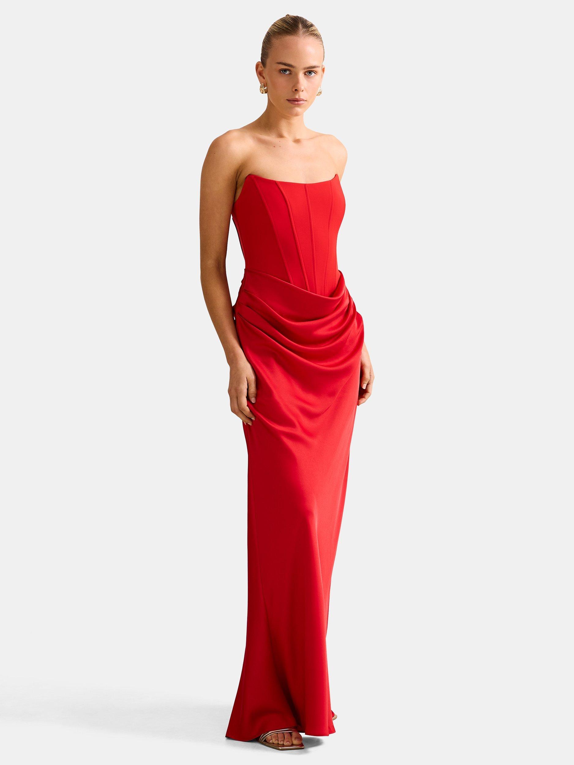 Product image 3 of 5, which shows Forever New Isra Drape Strapless Maxi Dress, Red, 4