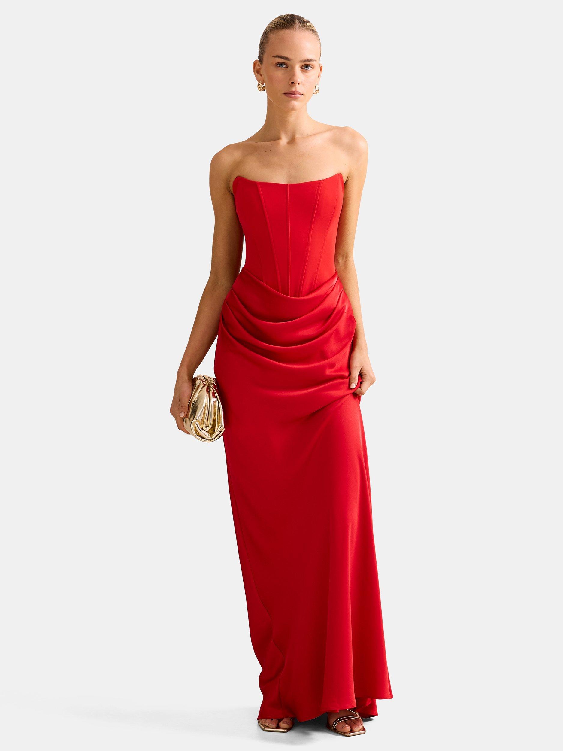 Product image 5 of 5, which shows Forever New Isra Drape Strapless Maxi Dress, Red, 4