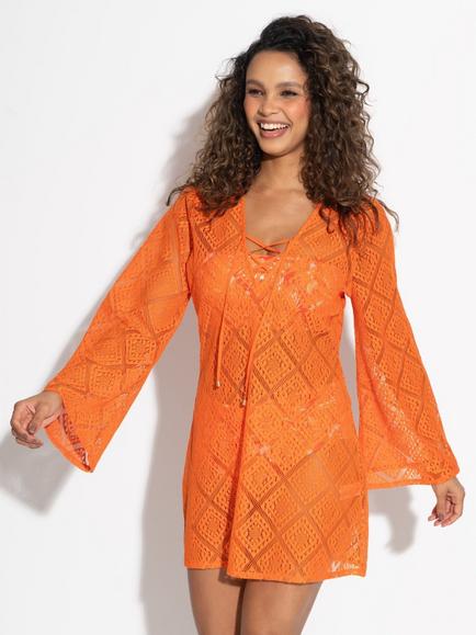 Pour Moi Free Spirit Crochet Lace Long Sleeve Beach Cover Up, Orange, Orange