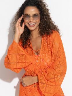Pour Moi Free Spirit Crochet Lace Long Sleeve Beach Cover Up, Orange - view 2, Orange